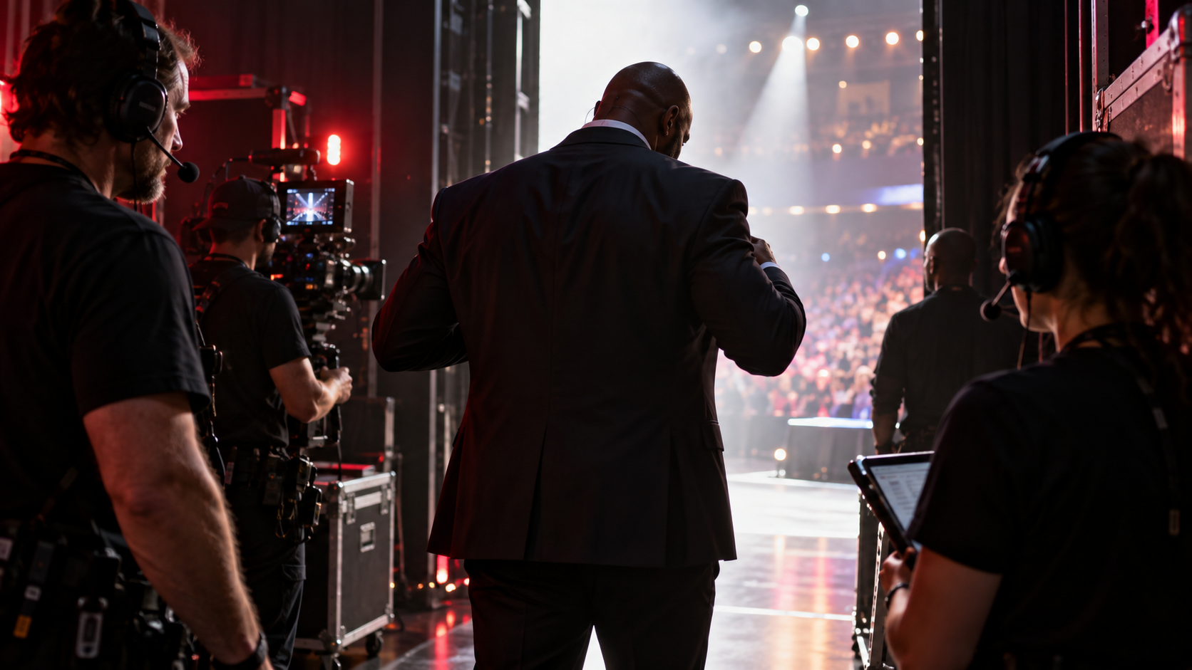 Backstage view of the stage lights and crowd during the live event
